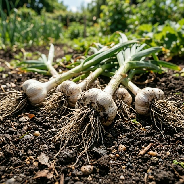 Garlic growing in a home garden
